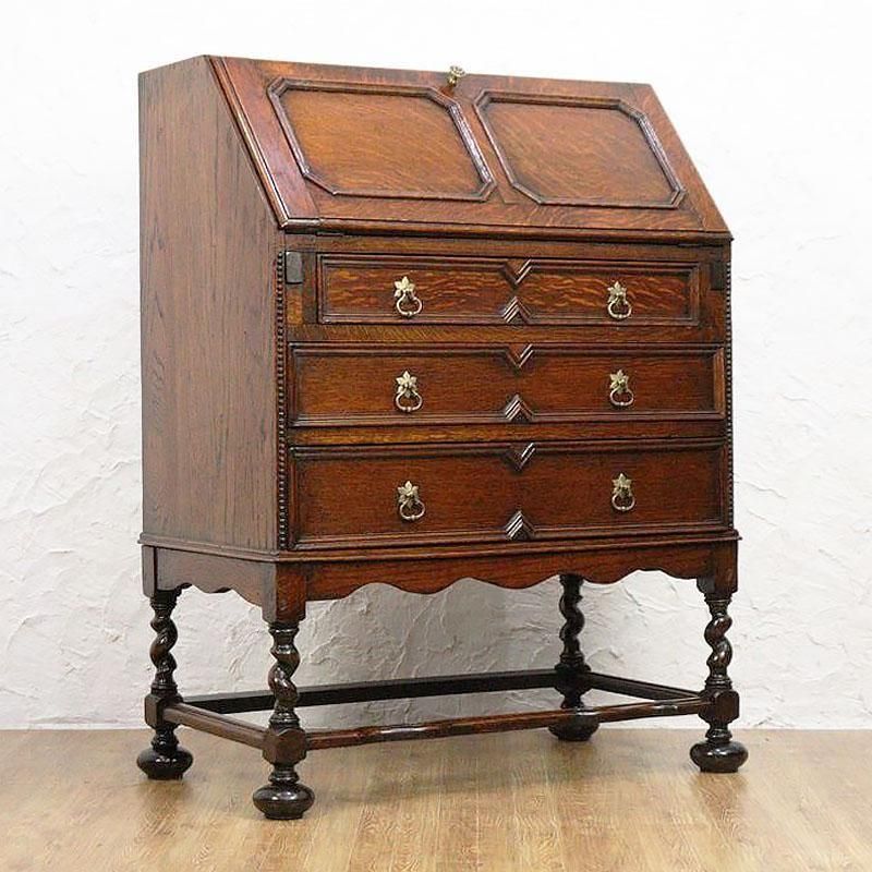 英国アンティークオーク材ビューロー｜幅77.5奥行44-72高さ100｜重厚感